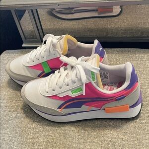 Puma White Sneakers with Pink and Green Accents